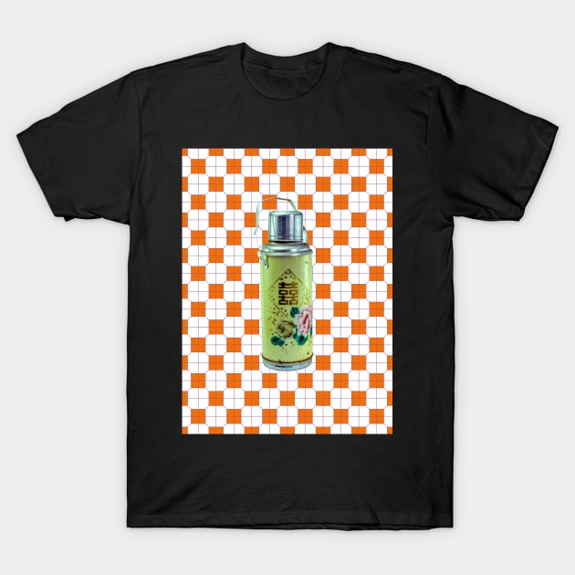 Vintage Thermos Green with Orange Tile Pattern - Retro Hong Kong T-Shirt by CRAFTY BITCH